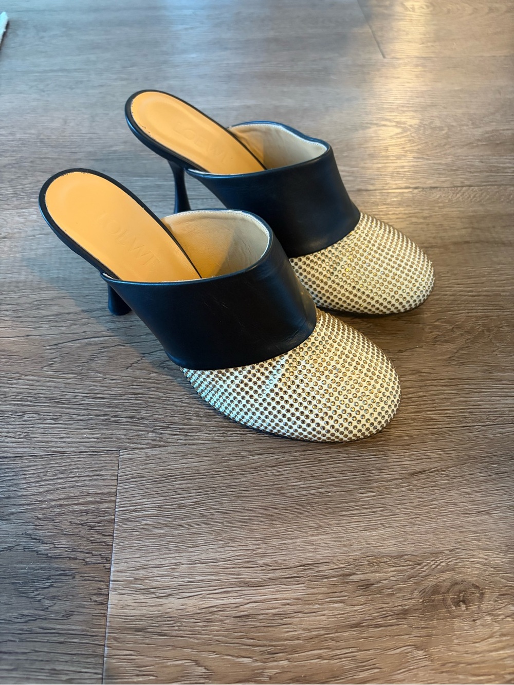 Loewe Black and Gold Slip-On High-Heel Mules
